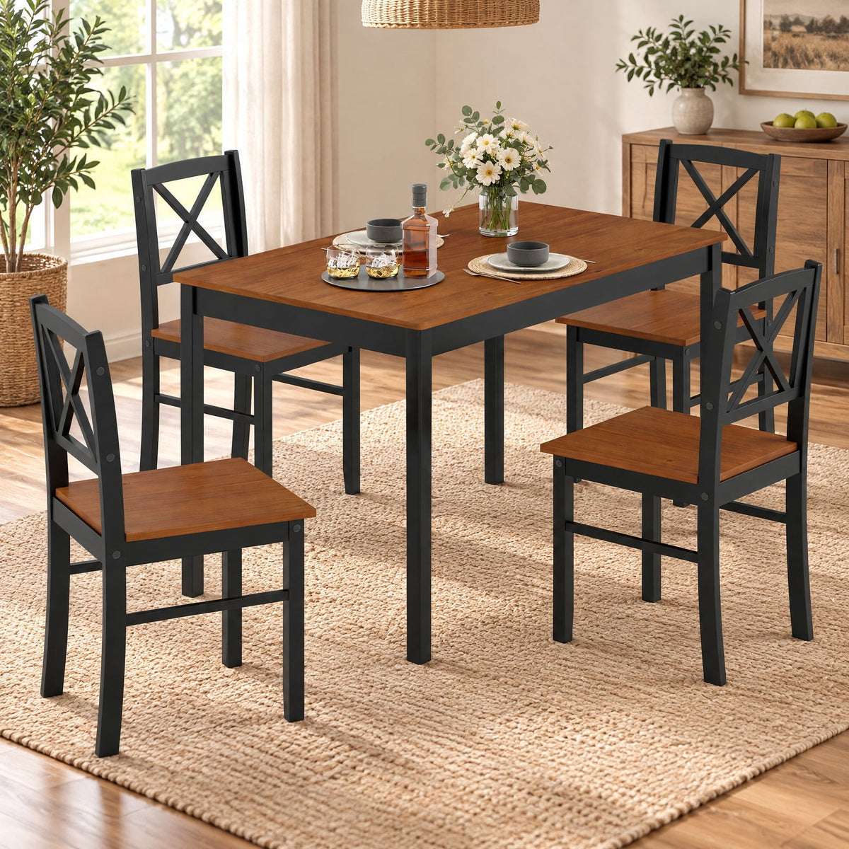 Airfind 5 Piece Dining Table Set with Rectangular Kitchen Table and 4 Chairs for 4 People, 175 lbs Capacity, Rubber Wood MDF Frame, Coffee