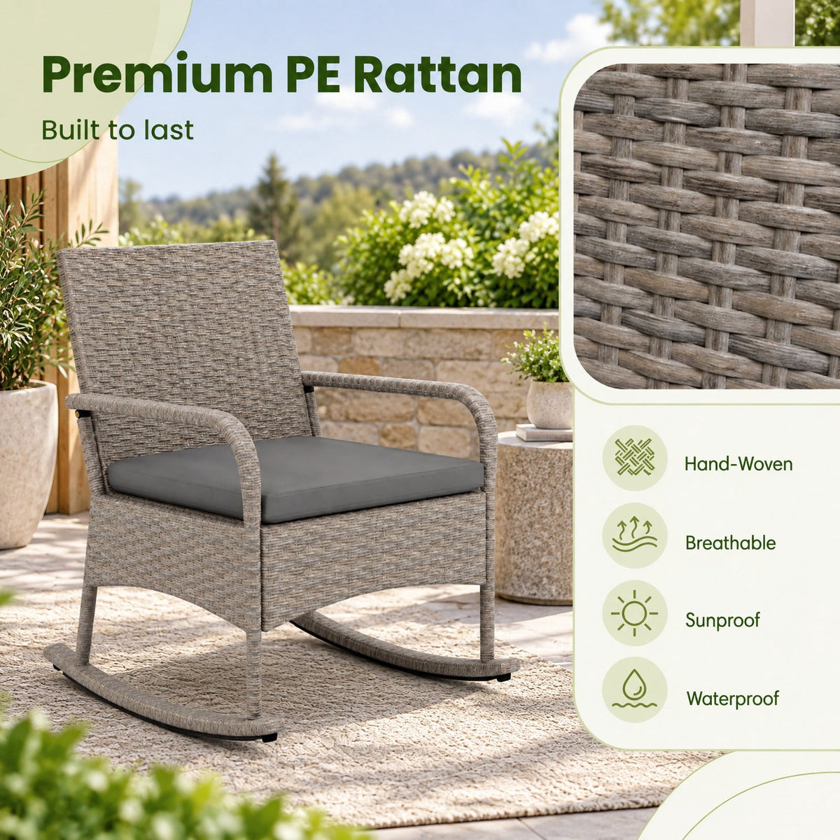 Airfind 3-Piece Wicker Rocking Bistro Set with Cushions for Garden Backyard Porch, of Chair 400 lbs Total Capacity, PE Rattan Frame, Gray