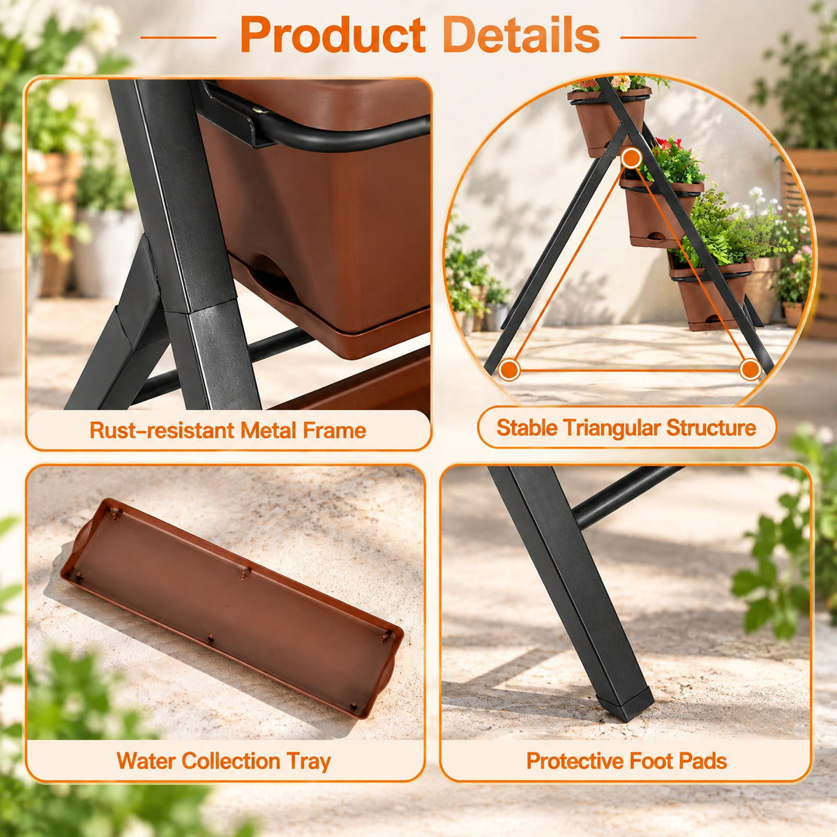 Airfind 5-tier Vertical Garden Planter Box Elevated Raised Bed with 5 Container, PP Iron Frame, 22.5 x 29 x 48.5 Footprint, Brown