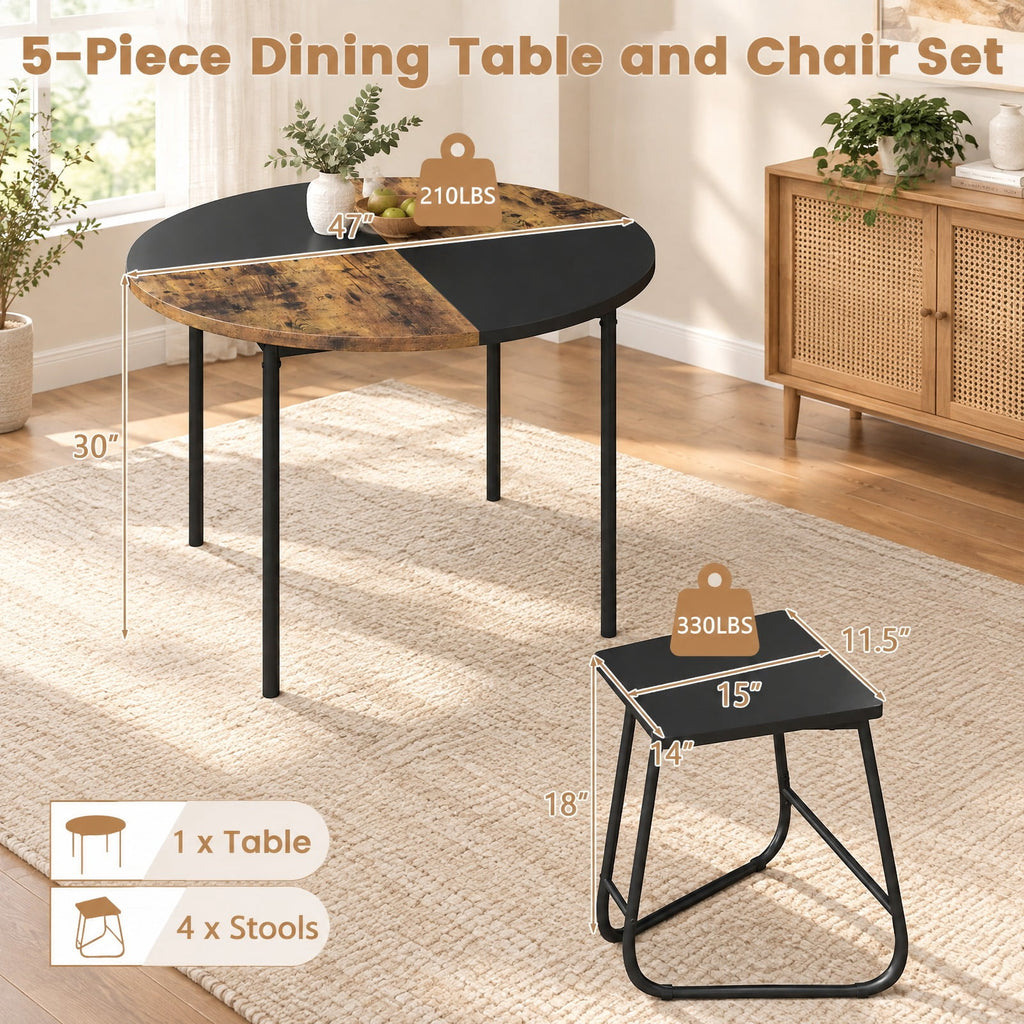 Airfind 5-Piece Dining Set for 4 47 Inch Round Kitchen Table and 4 Stools, MDF Metal Frame, Brown, Table Size 47in x 30in