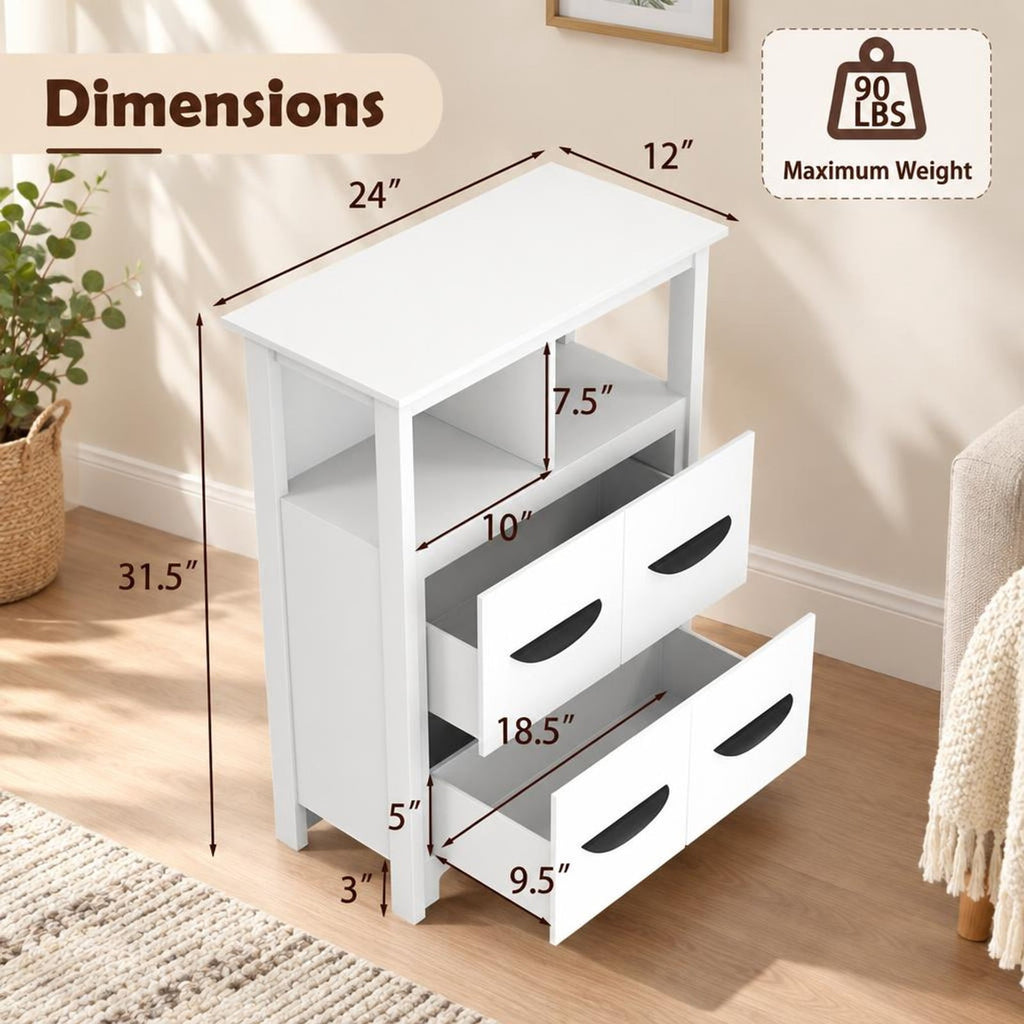 Airfind 24 Inch Floor Cabinet with 2 Open Compartments and 2 Drawers, MDF Engineered Wood Frame, 24in x 12in x 31.5in Footprint, White