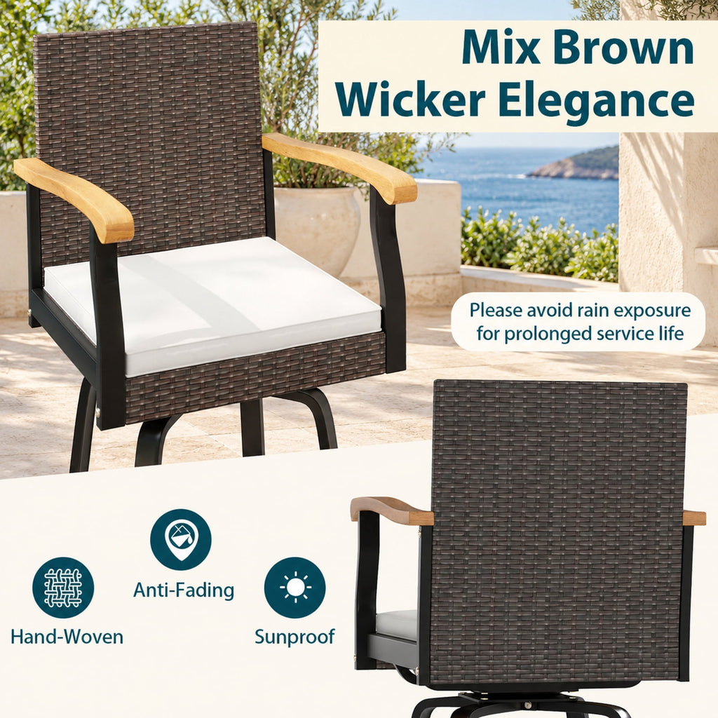 Airfind Set of 4 Outdoor 360° Swivel Bar Stool with Cushion and Acacia Wood Armrests, 400 lbs Capacity, Wood
