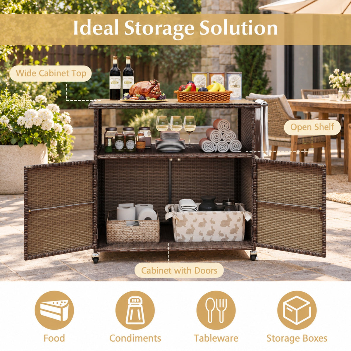 Airfind Outdoor Storage Cabinet with Acacia Wood Top and Lockable Wheels, 180 lbs Capacity, PE Rattan Acacia Wood Metal Frame, Black