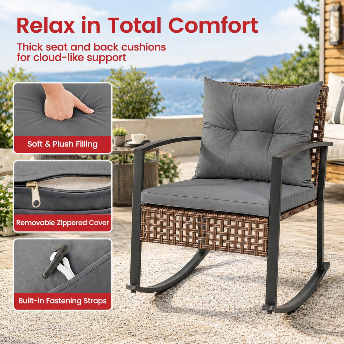 Airfind 3-Piece Outdoor Rocking Chair Set, 100 lbs Capacity, PE Rattan Metal Glass Polyester Non-woven Fabric Sponge Frame, Gray