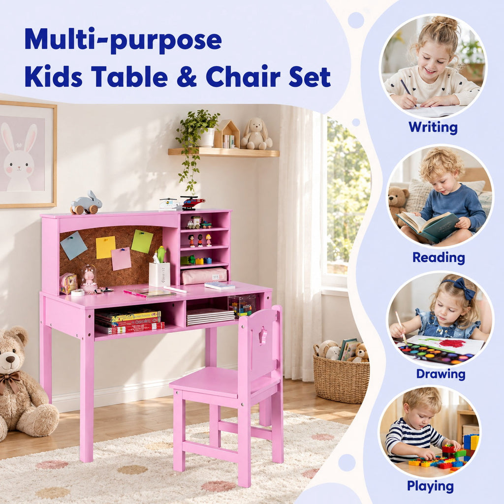 Airfind Kids Desk and Chair Set with Hutch and Bulletin Board for 3+ Kids, MDF Pine Wood Frame, 31 x 15.5 x 33.5 Footprint, Pink