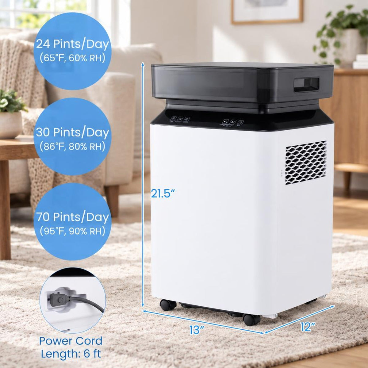 Airfind 70/90 Pint 4500/6000 Sq. Ft Dehumidifier with Continuous and Auto Mode-70 Pints, ABS Frame, 13 Inch x 12 Inch x 21.5 Inch (L x W x H) Dehumidify, White