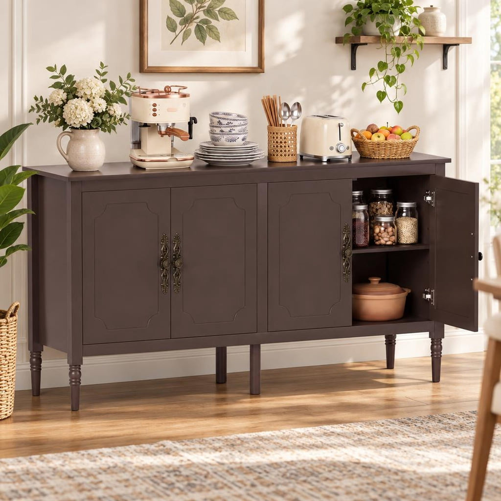 Airfind 58 Vintage Buffet Cabinet with Pine Wood Legs and Adjustable Shelves for Kitchen, 150 lbs Capacity, Engineered Wood Pine Wood Metal Frame