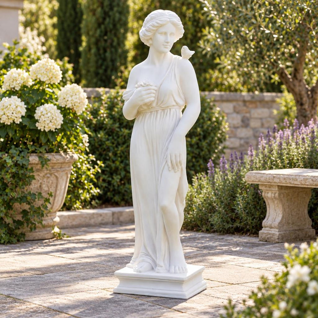 Airfind 31.5 Inch Outdoor Greek, Goddess Statue with Antique Finish and Column Base, Magnesium Oxide Fiber Filaments Frame, 9 Inch x 8 Inch x 31.5 Inch, White