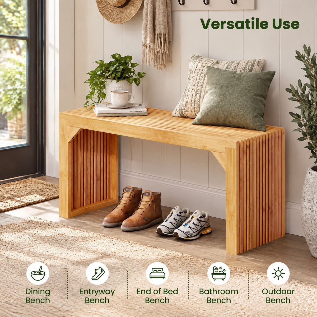 Airfind Bamboo Dining Bench Long Entryway Bench Indoor Outdoor Solid Wood Bench, 660 LBS Capacity, Bamboo Frame, 36 x 13 x 17 Footprint, Natural
