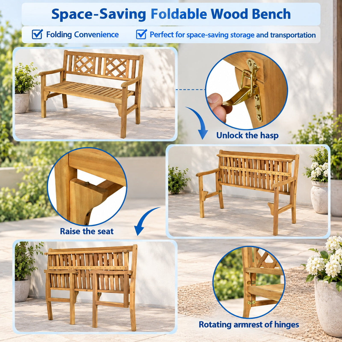 Airfind Patio Foldable Bench with Curved Backrest and Armrest, 705 lbs Capacity, Acacia wood Frame, Teak