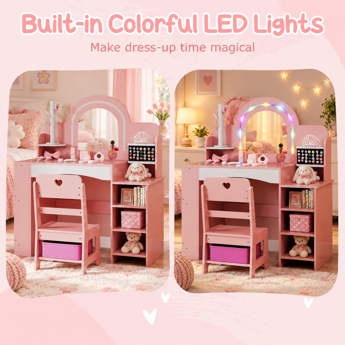 Airfind Kids Vanity Set with Colorful LED Lights Princess Makeup Dressing Table with Chair, 110 lbs Capacity, MDF Frame, 34in x 15.5in x 41in Footprint