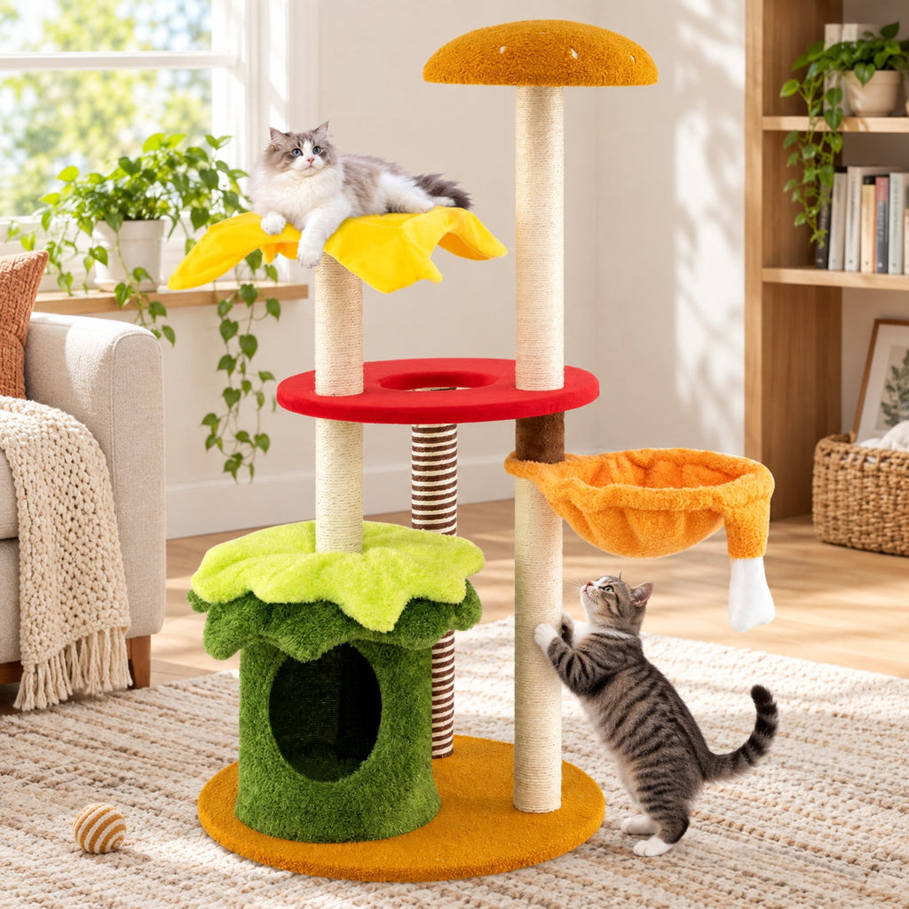 Airfind 46 Inch Tall Cat Tree Multi-Level with Padded Perch and Hanging Basket Bed, 22 lbs Capacity, 24 Inch x 46 Inch (Dia. x H) Condo Footprint, Yellow