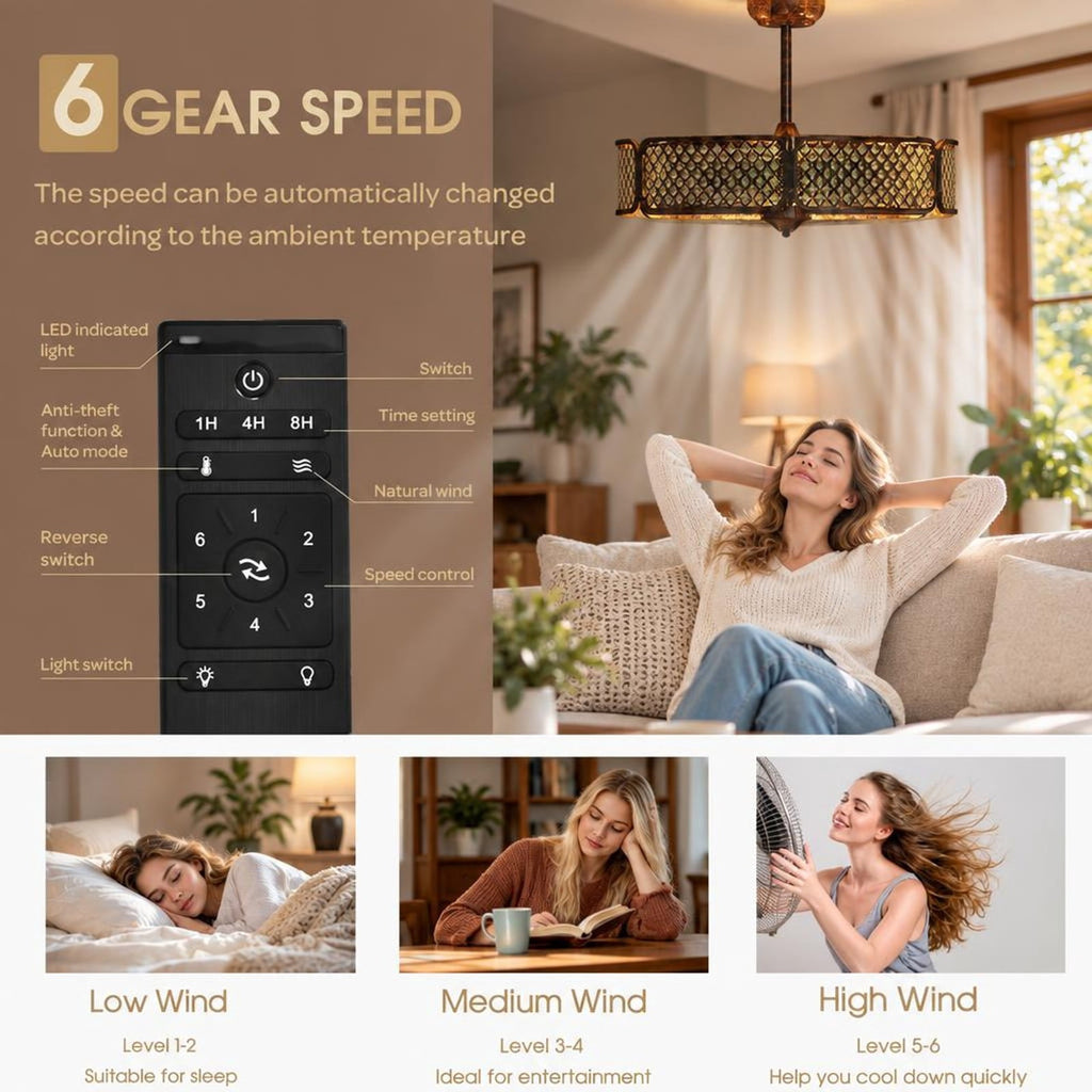 Airfind 30 Inch Caged Ceiling Fan with Light Crystal Lampshade 6 Light Bases, Iron Pp, Overall Dimension 30 Inch X 21 Inch or 31 Inch (d X, Brown