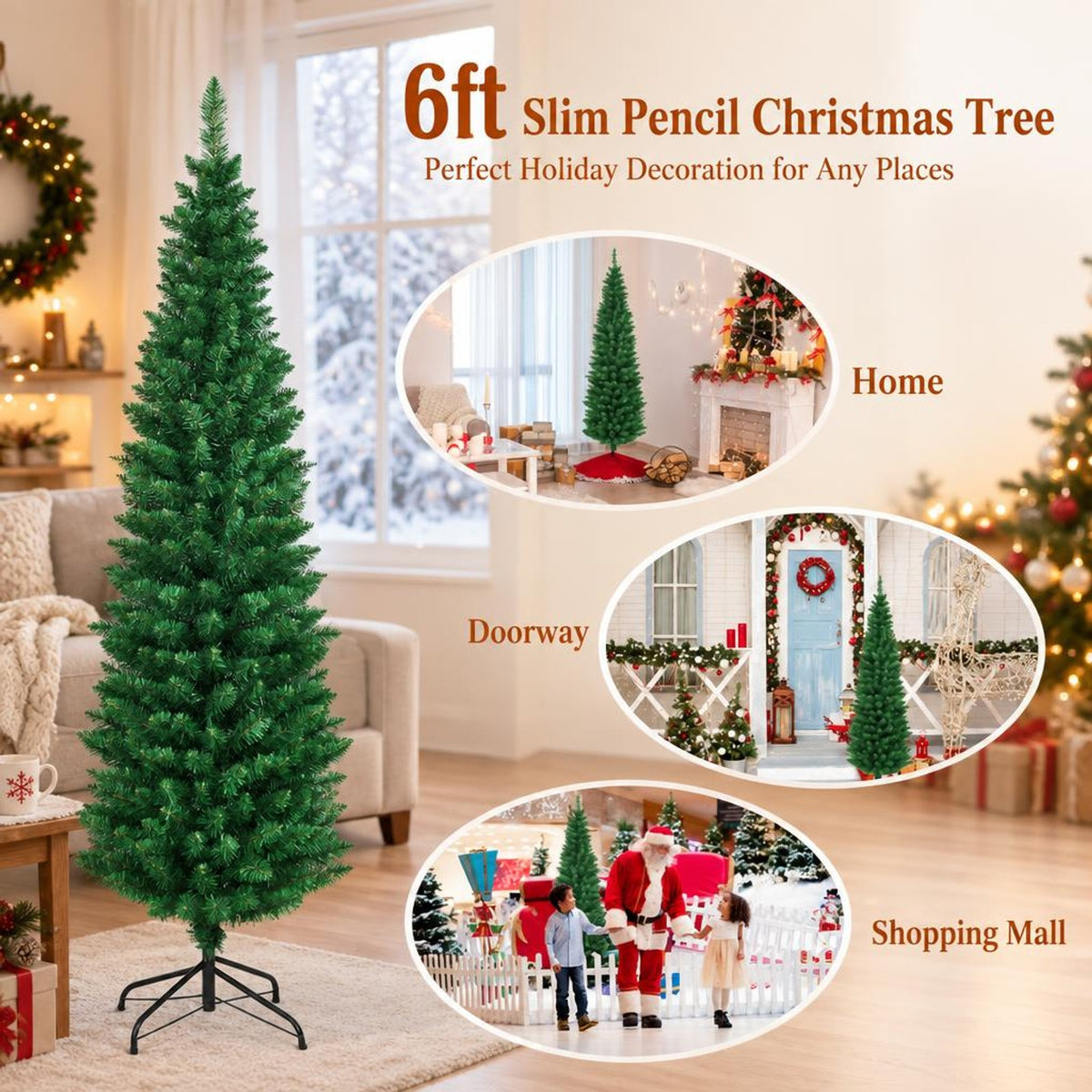 Airfind PVC Artificial Slim Pencil Christmas Tree-6 Feet, PVC iron 5 Ft: Frame, 2ft x 5ft Footprint, Green