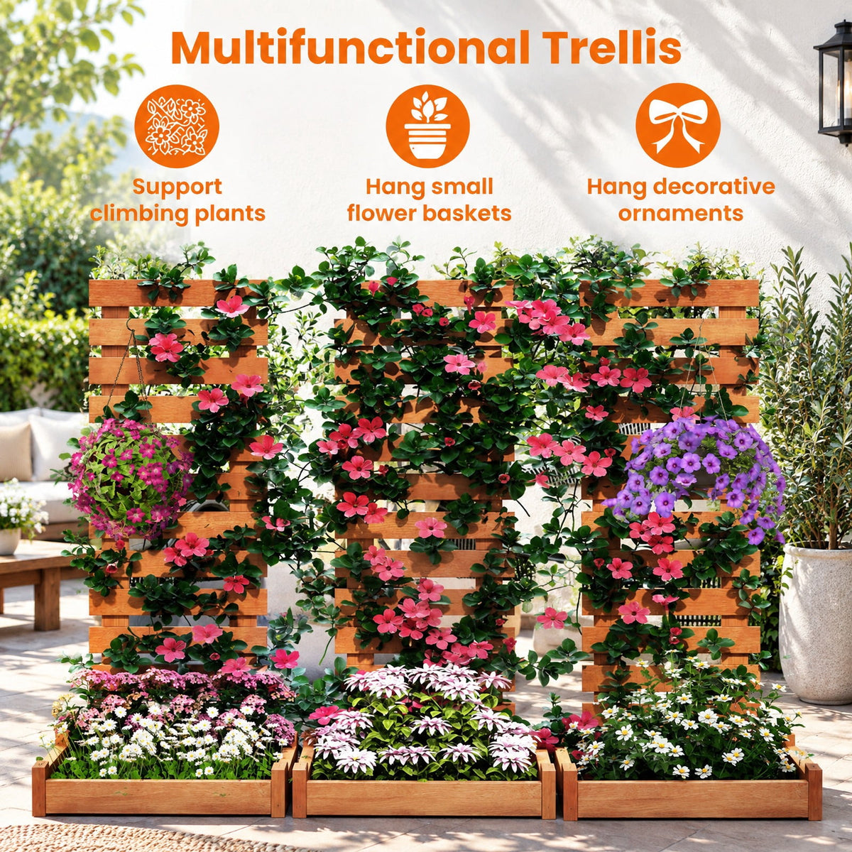 Airfind Outdoor Wooden Raised Garden Bed with Trellis, Solid Wood Frame, 16 x 16 x 48 Planter Footprint, Natural