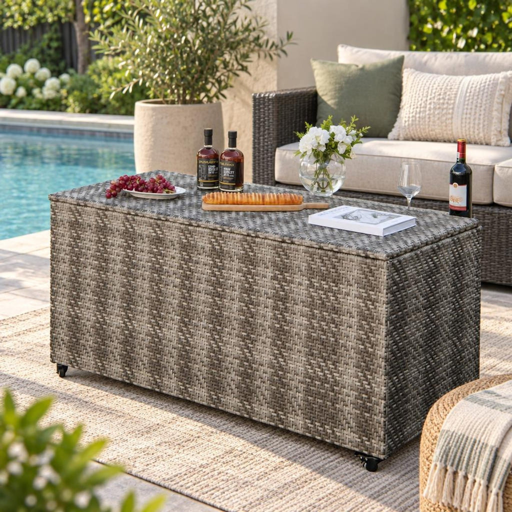 Airfind 96 Gallon PE Wicker Outdoor Storage Box with 4 Wheels, PE Rattan PP Board Metal Polyester Frame, 52 x 22 x 25 Footprint, Gray