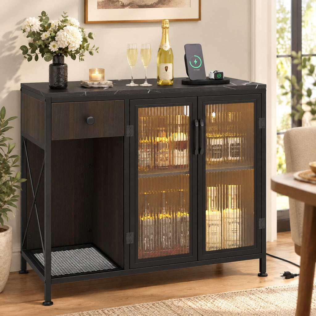 Airfind Buffet Sideboard with Doors, Power Outlets and LED Light, 110 lbs Capacity, Engineered Wood Cabinet for Dining Room, Black