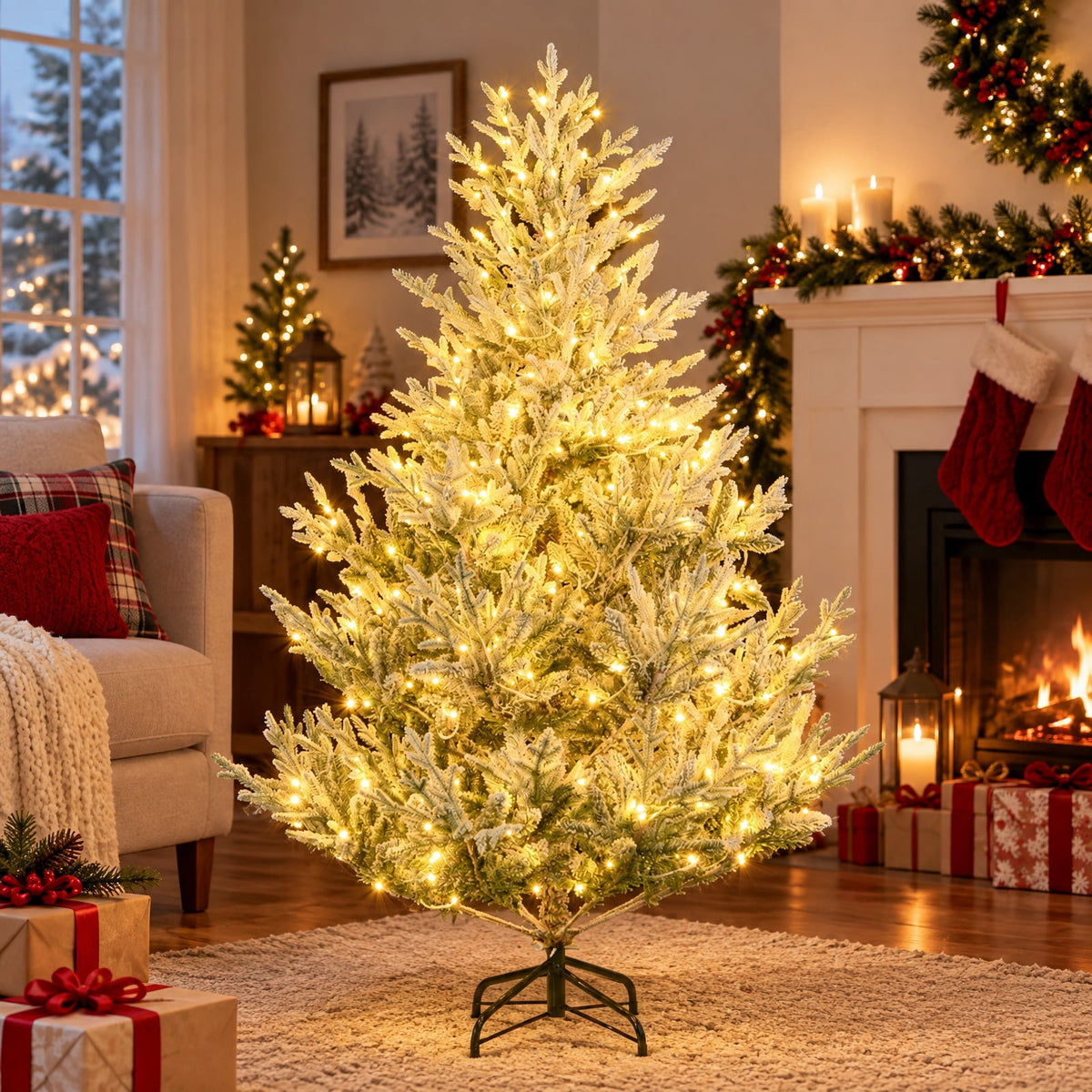 Airfind 6/7/8 Feet Pre-Lit Artificial Christmas Tree Hinged Snow Flocked Xmas Tree-6 ft, PE PVC Metal Frame, 5.2 x 8 ft Footprint, Green