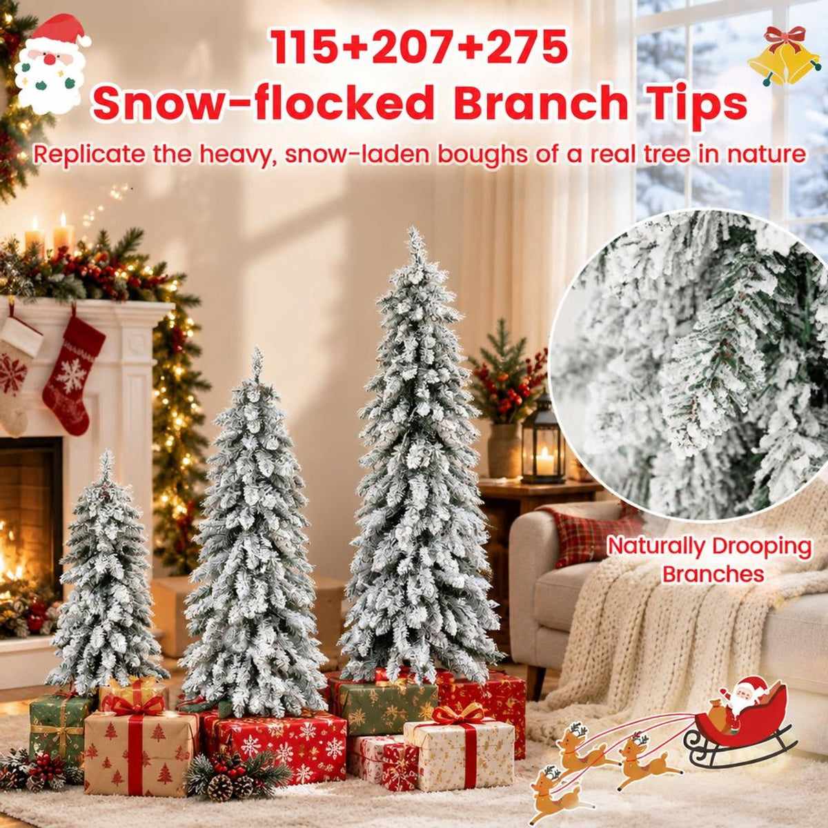 Airfind Artificial Christmas Tree Set of 3 with Snow, PVC Metal Tree Height 3 ft Tree Width 18in Base Frame, Green + White