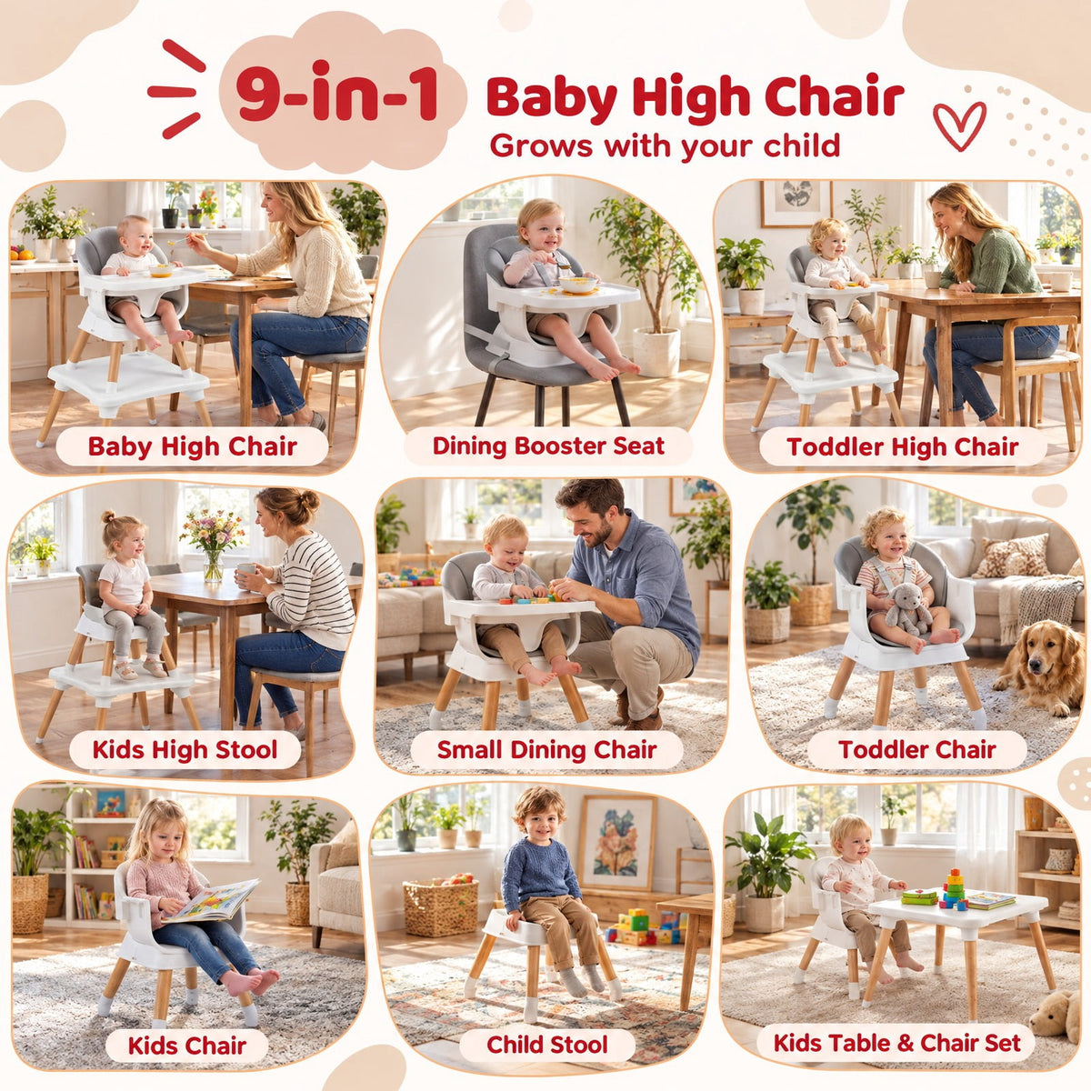 Airfind 9-in-1 Convertible High Chair with Solid Wood Legs for Babies and Toddlers, 33 lbs Capacity, PP Frame, for 6 months to 3 years old, White