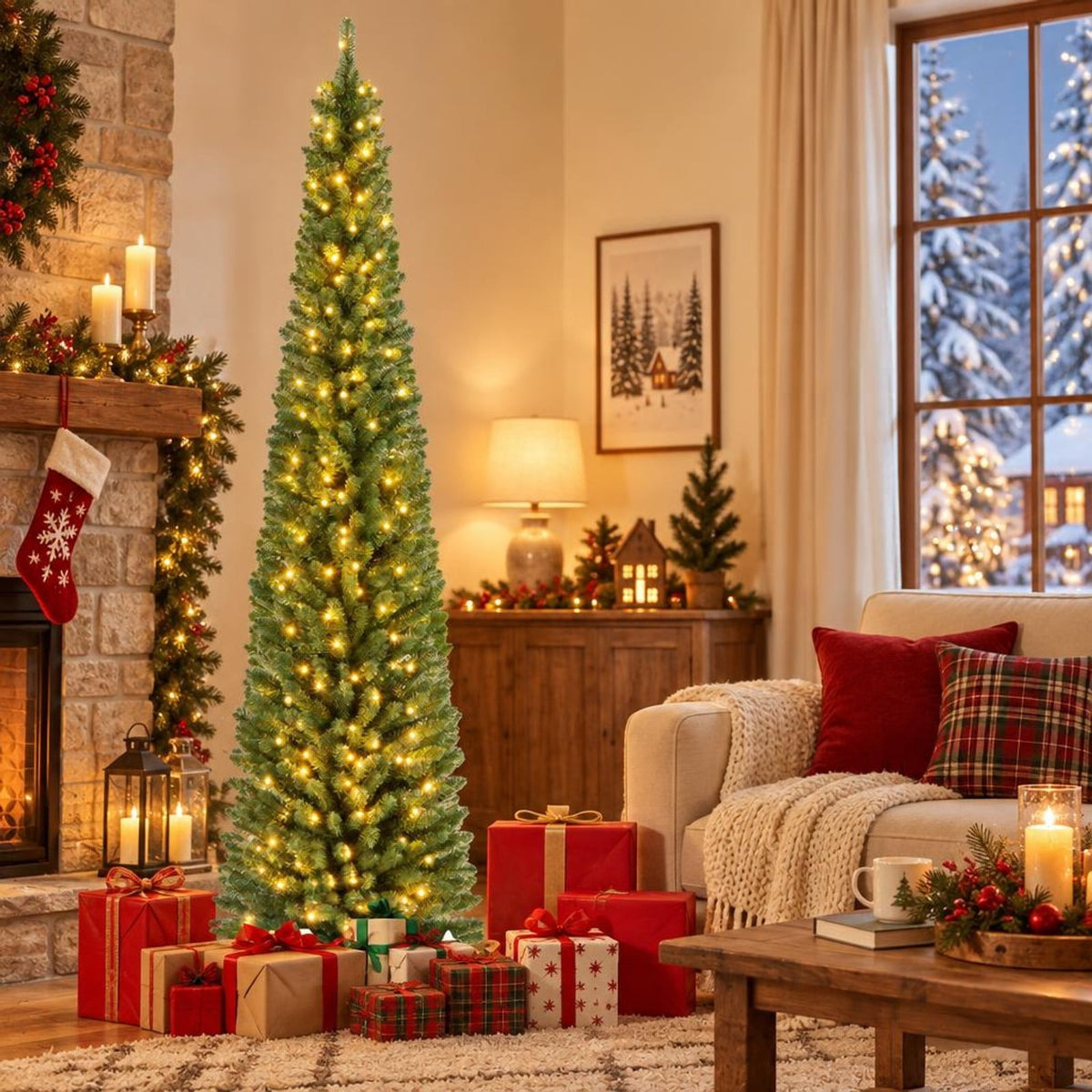 Airfind 8 Ft Prelit Pencil Christmas Tree featuring 250 Warm White LED Lights, Slim Artificial Xmas Tree with 671 Memory Wire Branch Tips, Green