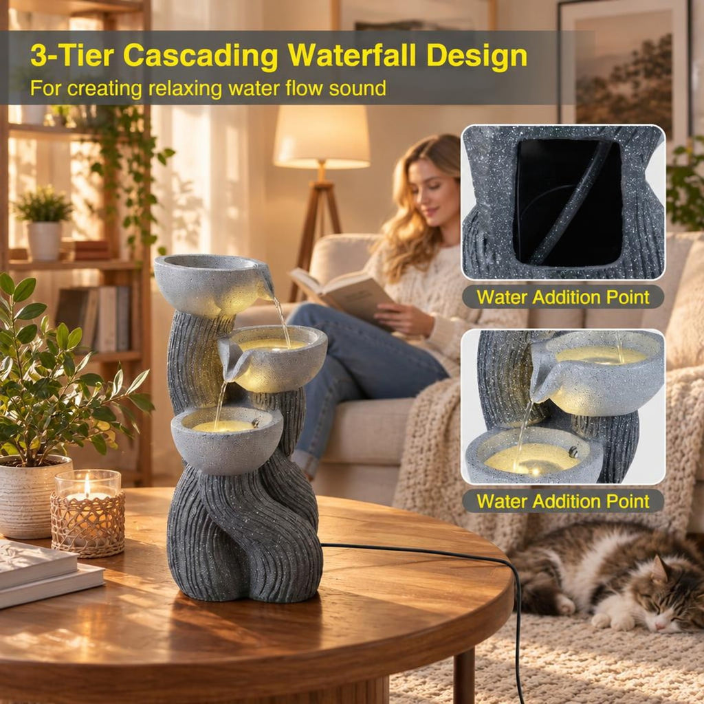 Airfind 3-Tier Outdoor Water Fountain with LED Lights 18.5 Inch H for Patio Deck, Resin Fiberglass Frame, Gray