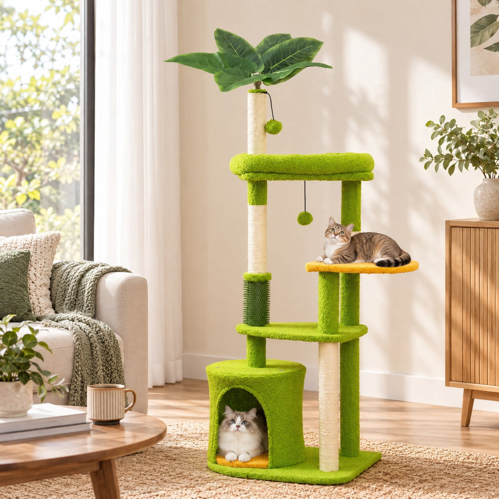 Airfind Cute Cat Tree for Adult Cats Multi-level Kitty Tower, Engineered Wood EVA Sisal Teddy Fleece Product Height 48 Base Frame, Green