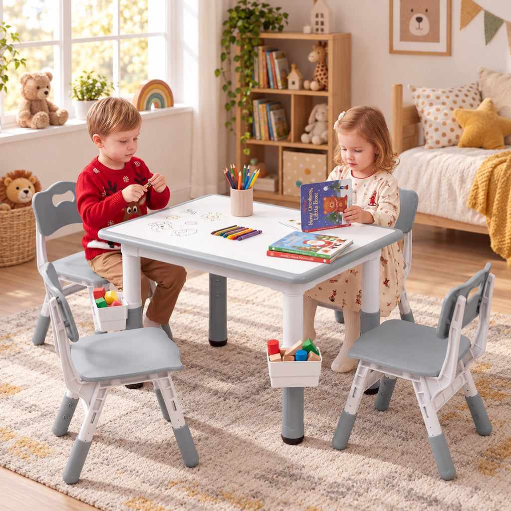 Airfind Height Adjustable Kids Table and 4 Chairs Set with Graffiti Desktop and 2 Storage Baskets, 220 lbs Capacity, Engineered Wood PP Frame, Gray