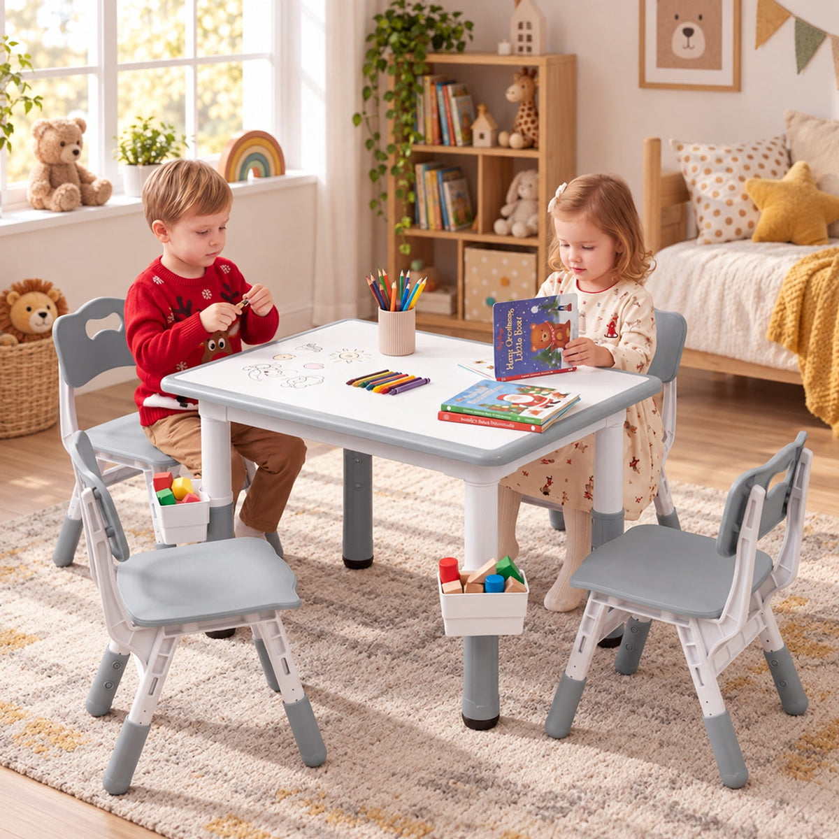 Airfind Height Adjustable Kids Table and 4 Chairs Set with Graffiti Desktop and 2 Storage Baskets, 220 lbs Capacity, Engineered Wood PP Frame, Gray