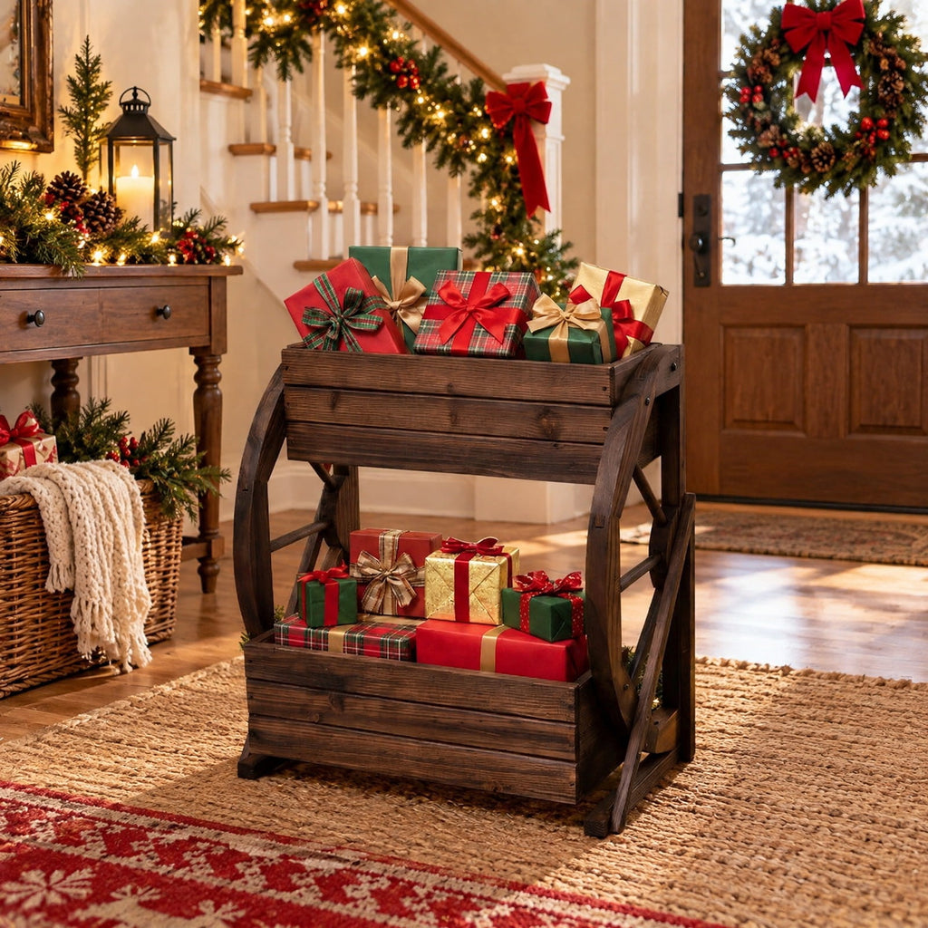 Airfind 2-tier Raised Garden Bed Rustic Wood Wagon Planter with Drainage Holes and Semi-wheels, 22 lbs Capacity, Fir Wood Frame, Coffee