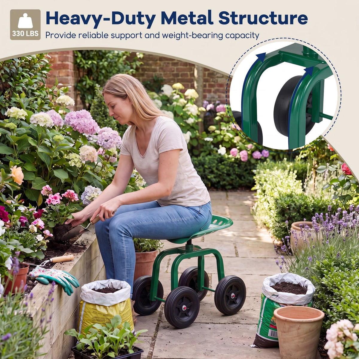 AIRFIND Rolling Garden Work Stool with 360-Degree Swivel Seat, Adjustable 16-19 in Height, 7 in Wheels and 330 lb Capacity, Green