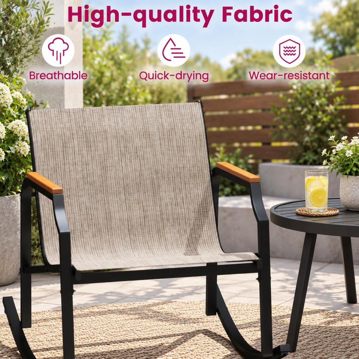 Airfind 3 Piece Patio Rocking Bistro Set with Tempered Glass Coffee Table and Armrests for Porch, Rocking Chair 330 lbs Capacity, Brown