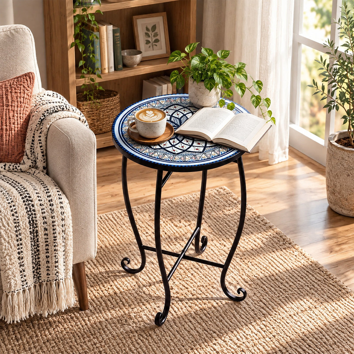 Airfind 14 Inch Floral Clover/Blooming Lotus/Bright Sunflower Mosaic Patio Accent Coffee End Table, 35 lbs Capacity, Metal Frame, 14 Inch x 20 Inch Footprint