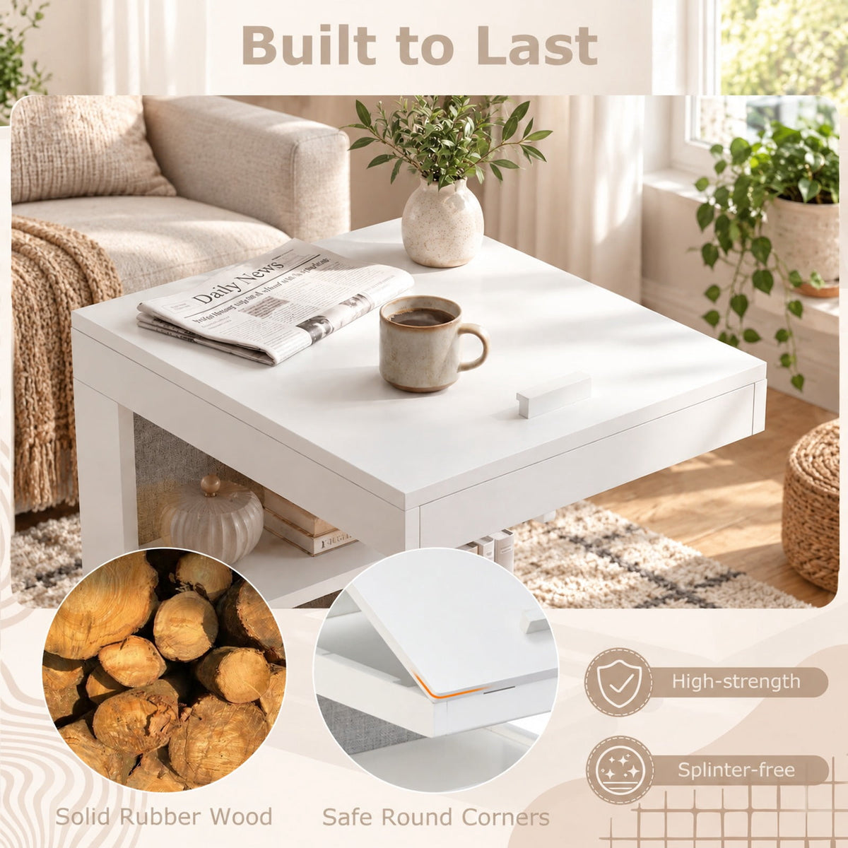 Airfind C-shaped End Table with Wheels and Adjustable Desktop for Sofa Couch Bedside, 210 lbs Capacity, Rubber Wood MDF Engineered Wood Fabric Frame