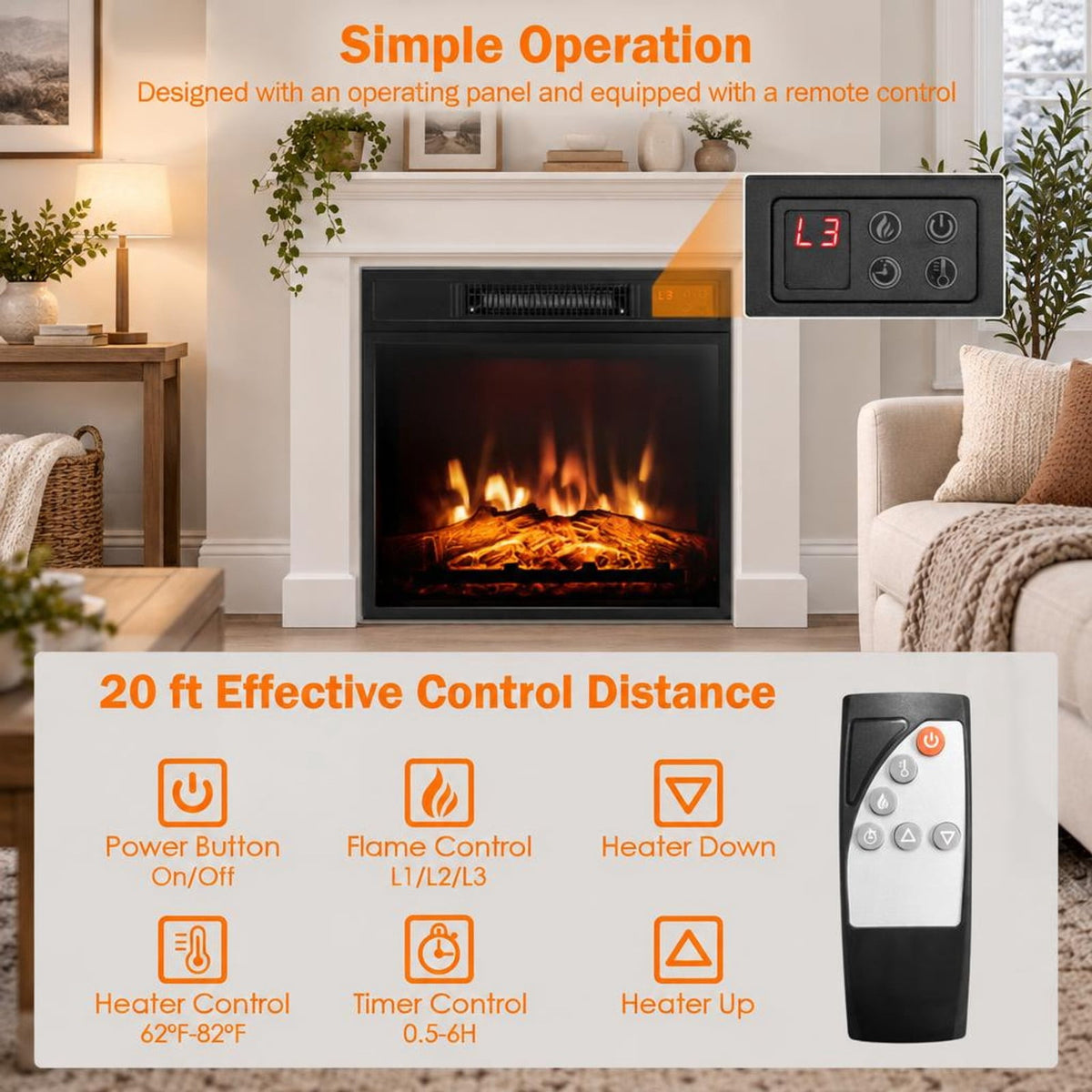 Airfind 18 Inch Electric Fireplace Inserted with Adjustable LED Flame, Iron glass Frame, 3-level adjustable 3D realistic flame effects