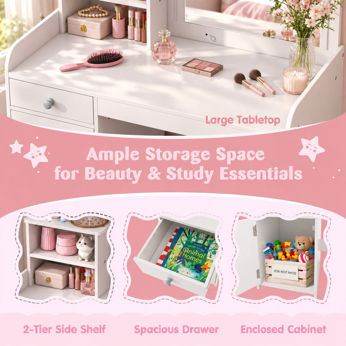 Airfind Kids Vanity Table and Chair Set with Shelves Drawer and Cabinet, P2 MDF Acrylic Frame, for Over 3 Years Old, 31.5 Inch x 16 Inch x 37 Inch Footprint