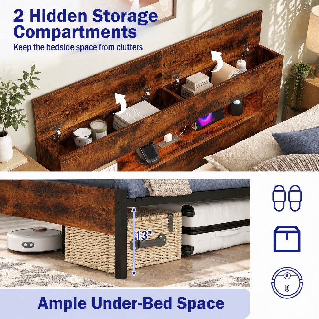 Airfind Slatted Full Bed Frame with LED Lights and Storage Headboard No Box Spring Needed, 660 lbs Capacity, Engineered Wood Metal Frame