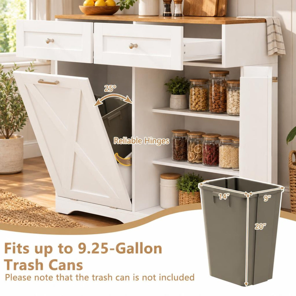 Airfind Tilt Out Trash Can Cabinet featuring Outlets and Adjustable Shelf, 100 lbs Countertop Capacity, MDF Engineered Wood Frame, White