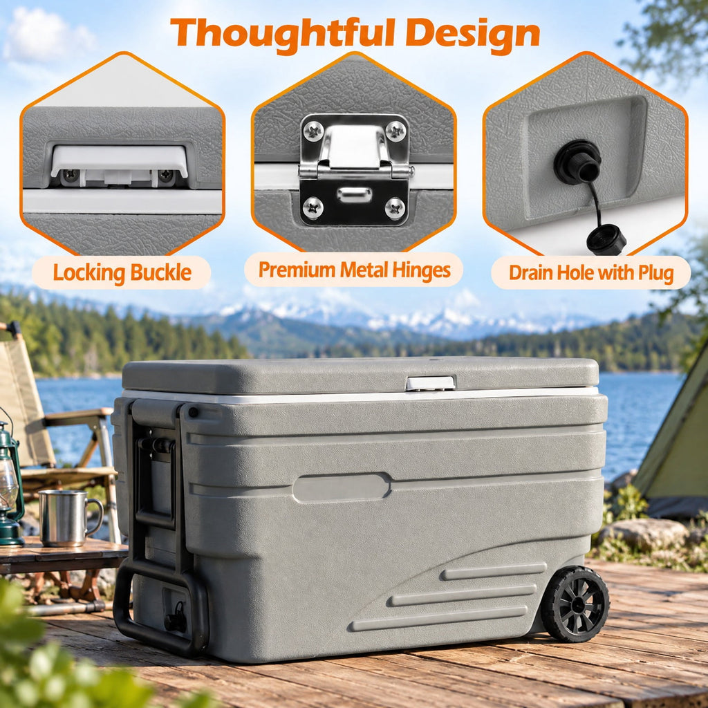 Airfind 103 Quart Outdoor Portable Wheeled Ice Cooler with Foldable Pull and Carry Handles, 330 lbs Capacity, HDPE PP PU TPE Frame, Gray