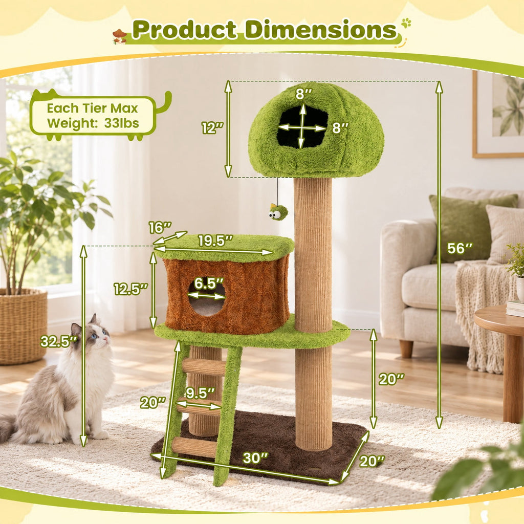 Airfind Cute Cat Tree for Indoor Cats with Mushroom-shaped Nest Condo and Climbing Ladder, 30 x 20 x 56 Cat Condo Footprint, Green