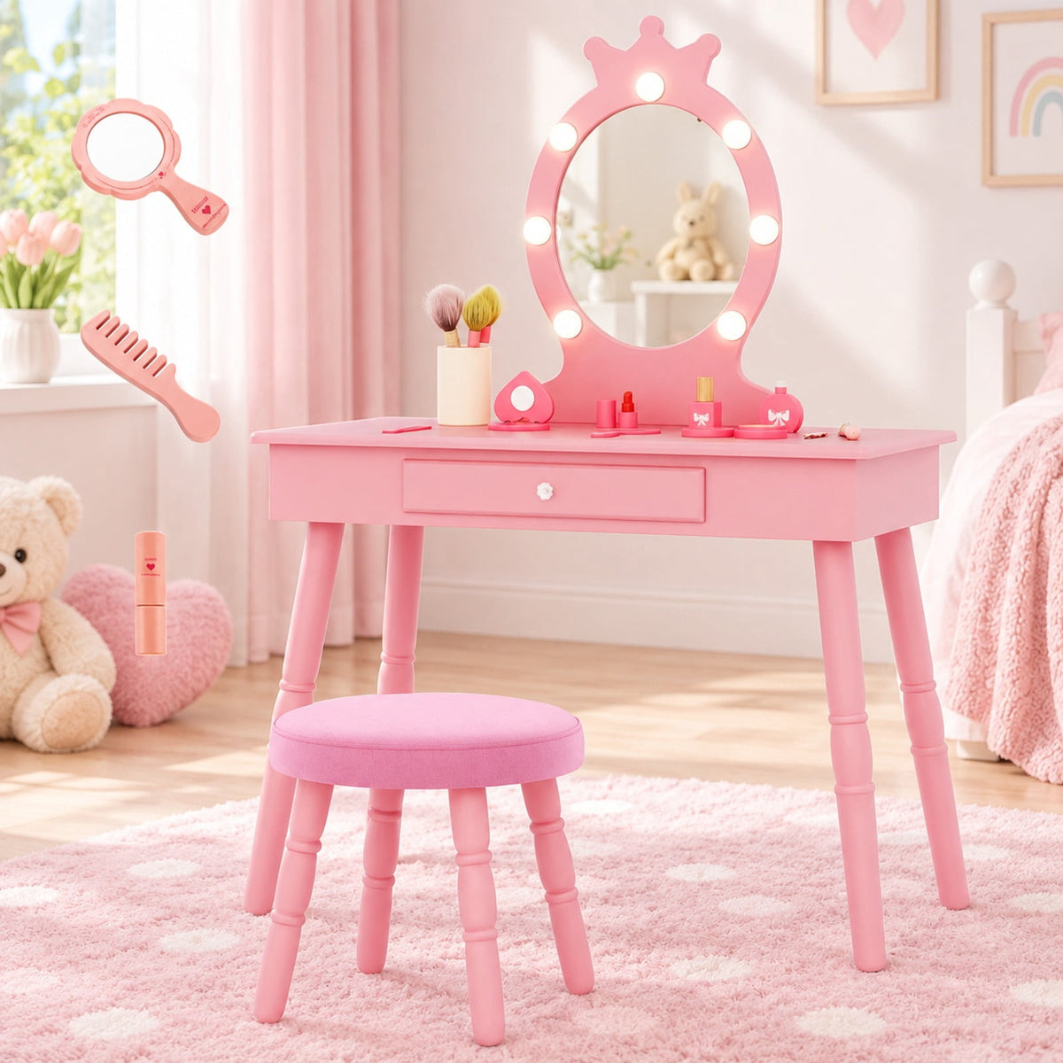 Airfind Kids Vanity Set with Lighted Mirror with Adjustable Brightness and Large Drawer, 110 lbs Capacity, MDF Frame, for 3-7 Years Old, Pink