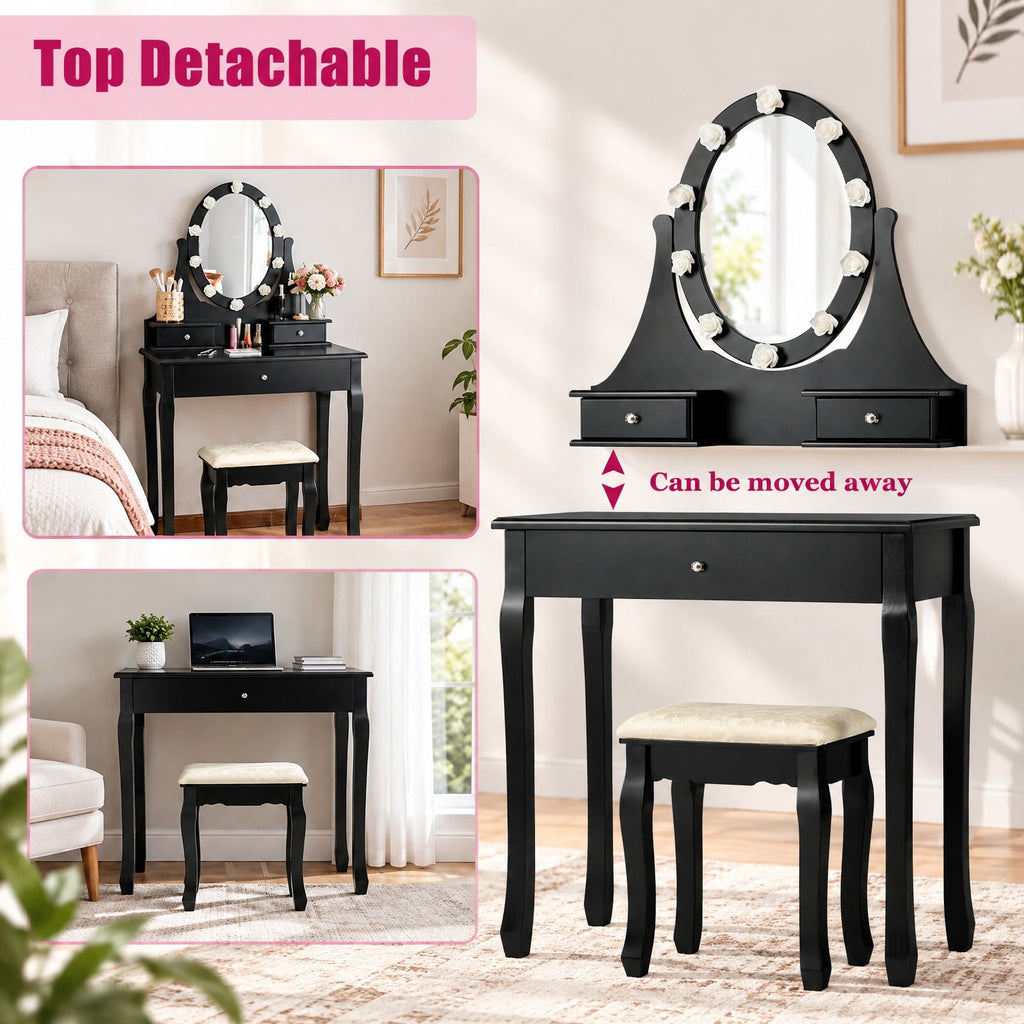 Airfind 3 Drawers Lighted Mirror Vanity Dressing Table Stool Set, Pine PE plastic MDF Frame, 30 Inch x 16 Inch x 55 Inch (L x W x H) The Footprint, Black