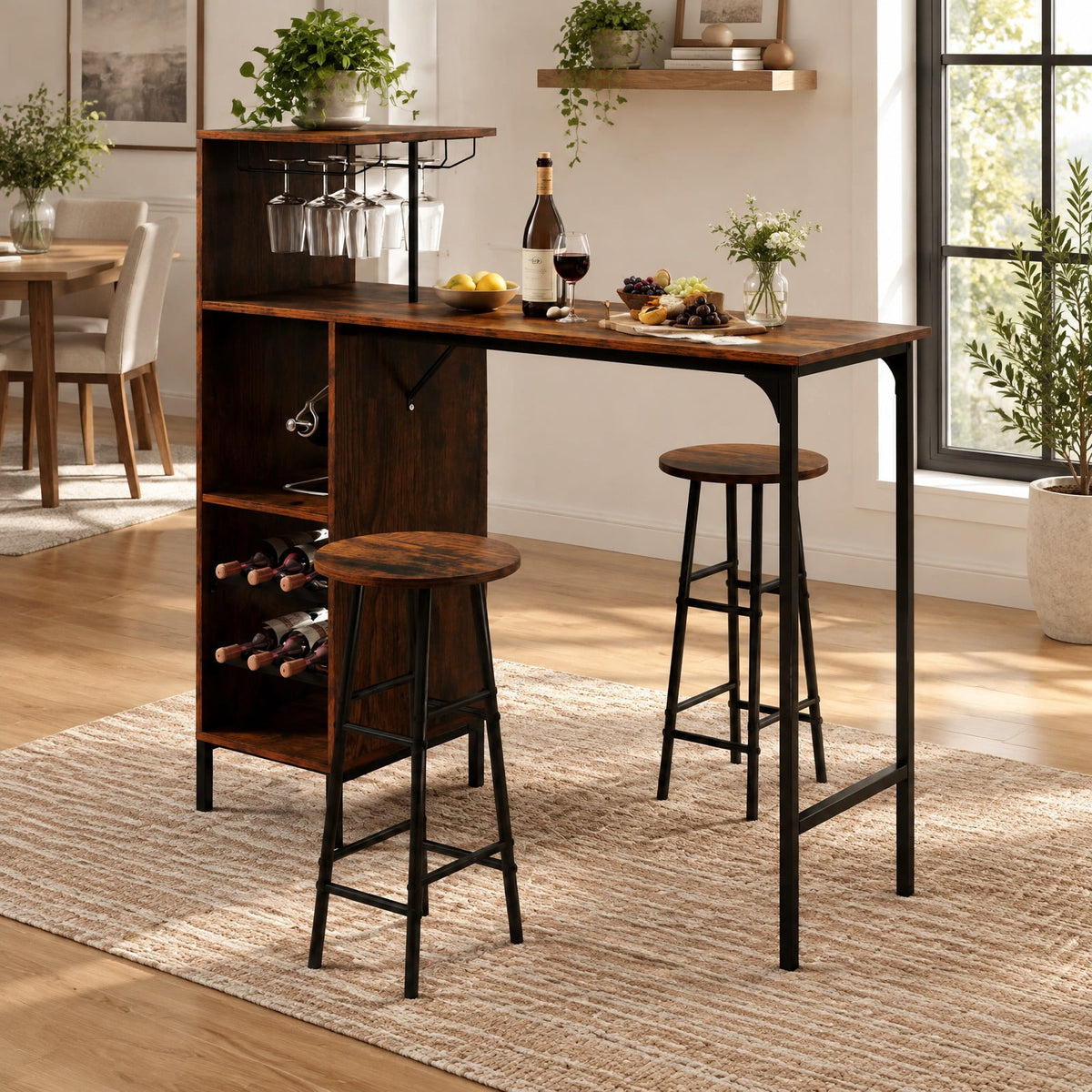 Airfind 3 Piece Bar Table and Chairs Set with 6-Bottle Wine Rack, MDF Metal, 48 Inch X 15.5 Inch X 48 Inch for Convenient Everyday Use, Brown