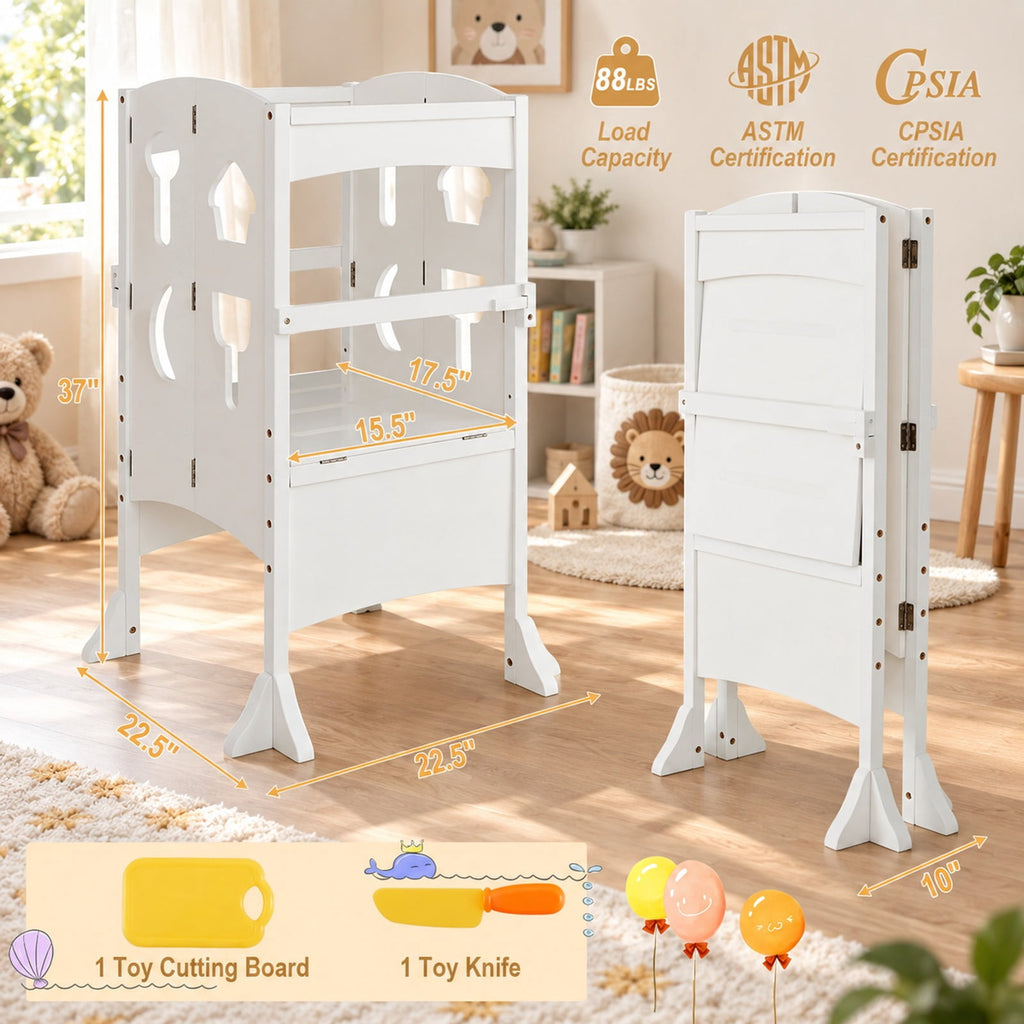 Airfind Folding Wooden Step Stool with Lockable Safety Rail for Toddler 3+, 88 lbs Capacity, Pine Wood Frame, for 3-10 Years Old, White