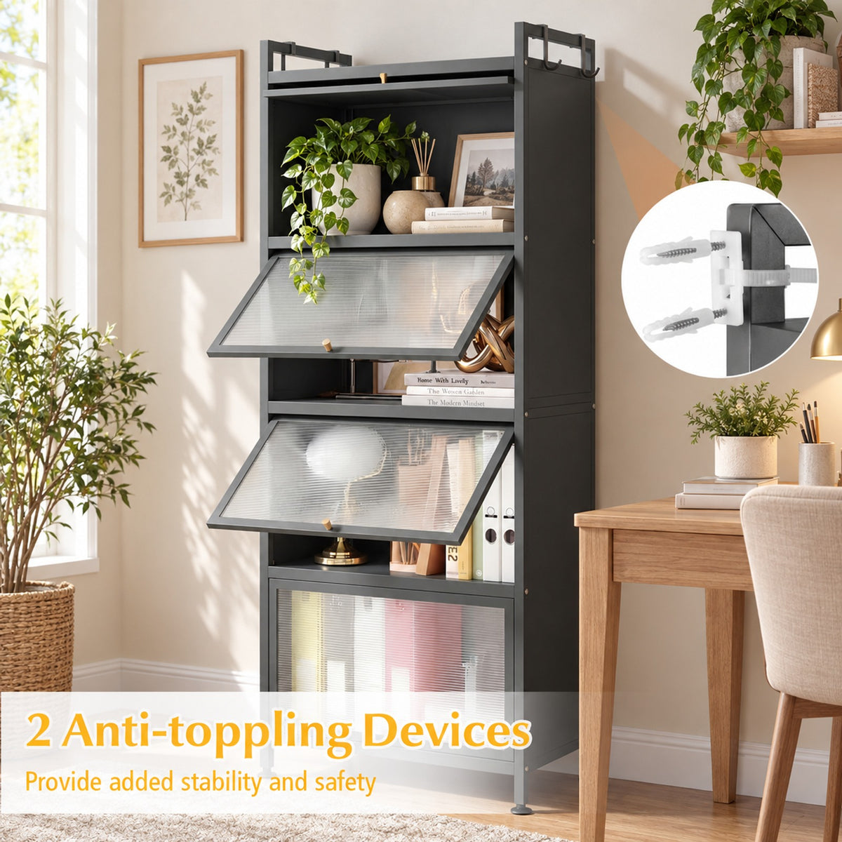 Airfind 5-Tier Kitchen Bakers Rack with Flip-up PC Doors, tier 33 lbs Capacity, Metal PC PP Gray Frame, 23.5 x 12.5 x 60.5 Footprint, Gray