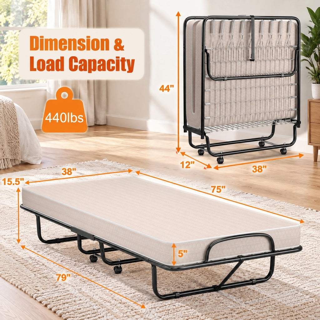 Airfind Rollaway Guest Bed with Sturdy Steel Frame and Memory Foam Mattress Made in Italy, 440 lbs Capacity, Steel memory foam foam Frame, Beige