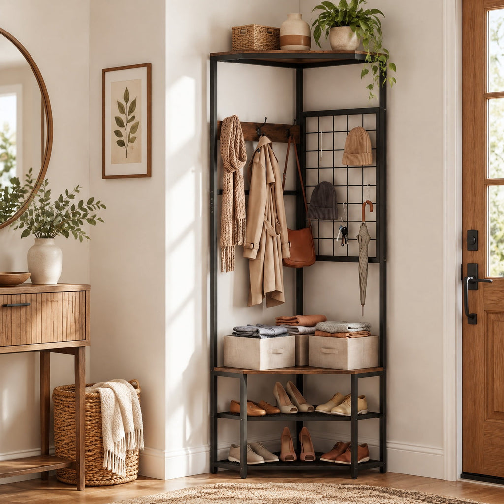 Airfind Corner Hall Tree Freestanding Coat Rack with Storage Shelves Removable Hooks, 220 lbs Capacity, Engineered Wood Metal Frame, Brown