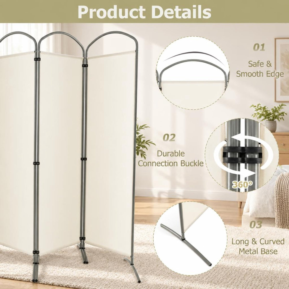 Airfind 6.2Ft Folding 4-Panel Room Divider for Home Office Living Room, Polyester Metal Frame, 87 x 20 x 74 Footprint, White