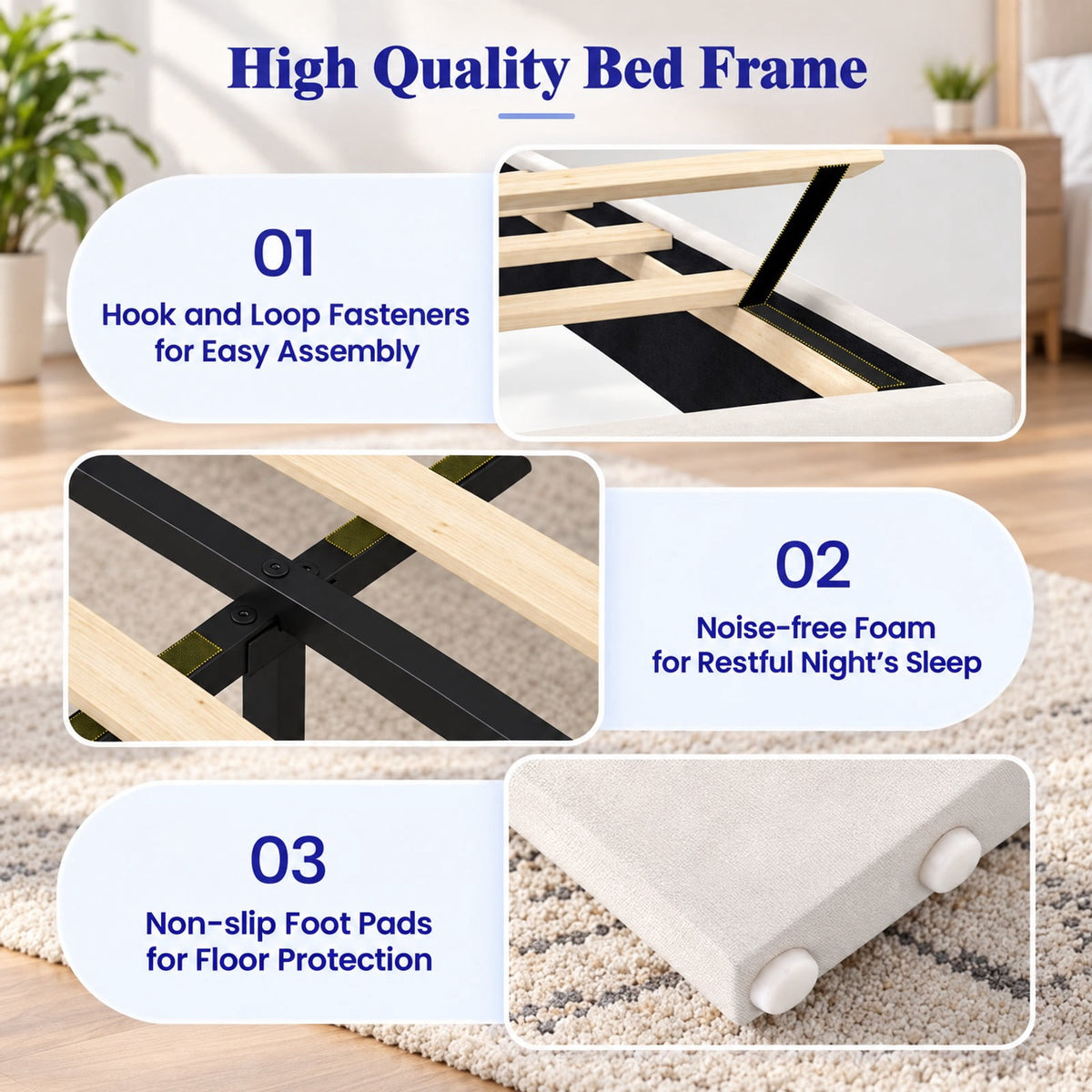 Airfind off-white Linen Upholstered Platform Bed with Height Adjustable Vertical Channel Headboard, 500 lbs Capacity, Velvet Frame, Off-White