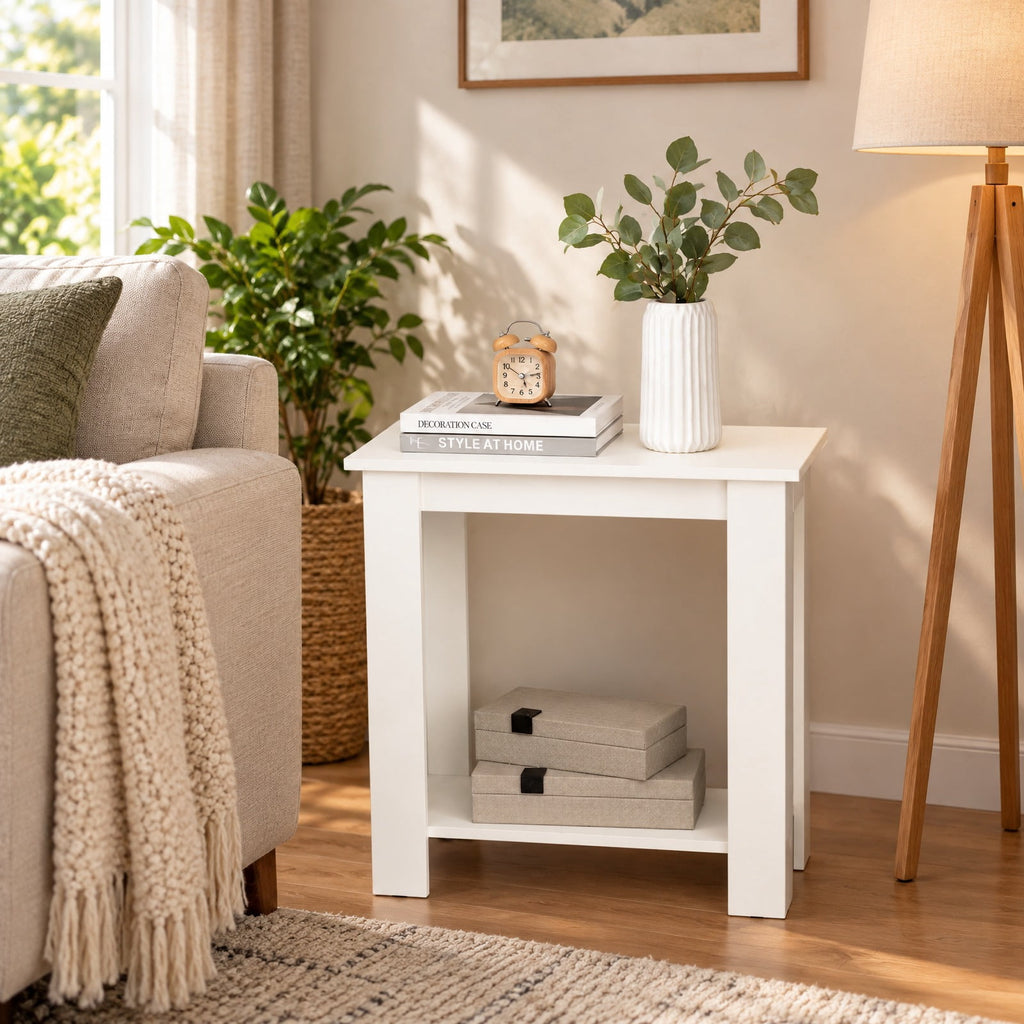 Airfind 2-Tier Modern Compact End Table with Storage Shelf, 110 lbs Capacity, Engineered Wood Frame, 23.5 x 12 x 24 Footprint, White